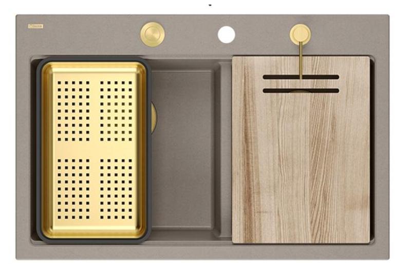 Quadri Hard Rock Dvojitý Taupe Granitový Nástavbový Drez 76x50 cm so Zlatým Korkom a Príslušenstvom 1208971396