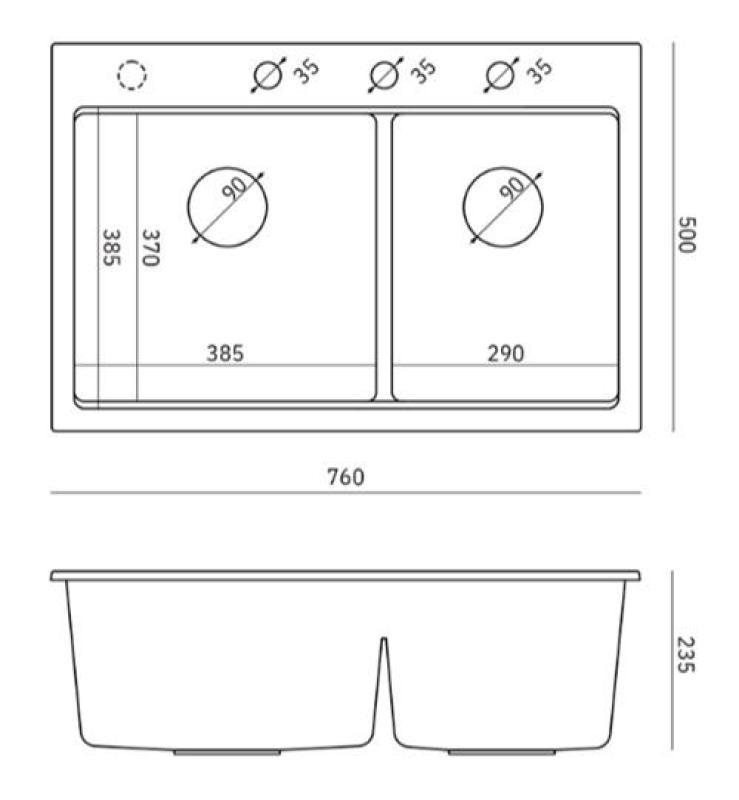 Quadri Hard Rock Dvojitý Antracitový Granitový Nadstavbový Drez 76x50 cm s Nerezovou Zátkou a Príslušenstvom 1208971399