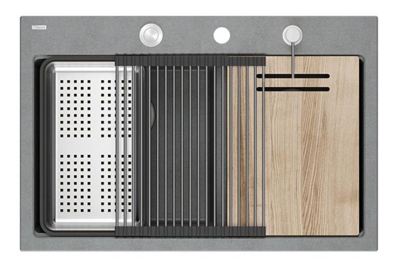 Quadri Hard Rock Dvojitý sivý granitový nadstavbový drez 76x50 cm s nerezovou zátkou a príslušenstvom 1208971400