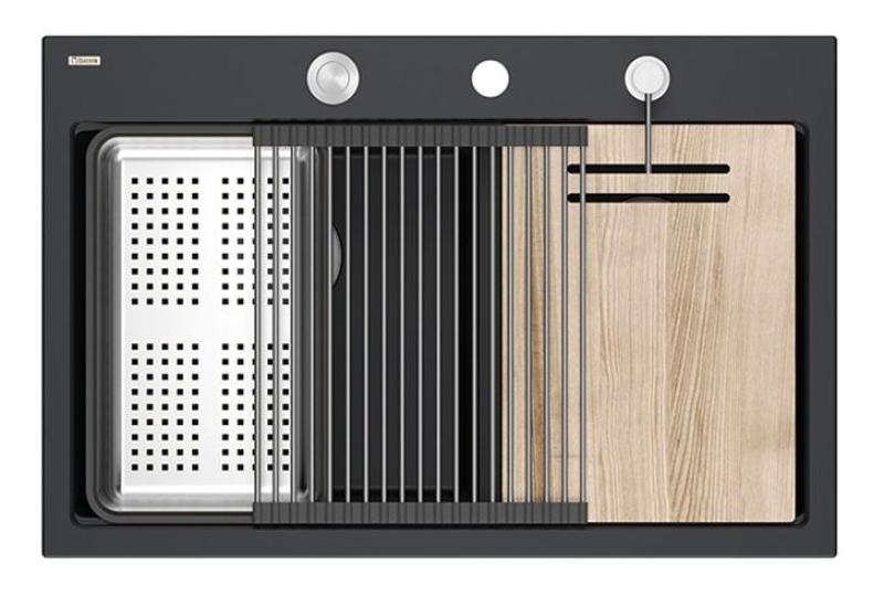 Quadri Hard Rock Dvojitý Čierny Granitový Nadstavbový Drez 76x50 cm s Nerezovou Zátkou a Príslušenstvom 1208971401