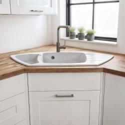 Graniteland Monte Granitový biely rohový drez na povrchovú montáž 901x538mm s nerezovou zátkou 1208971415