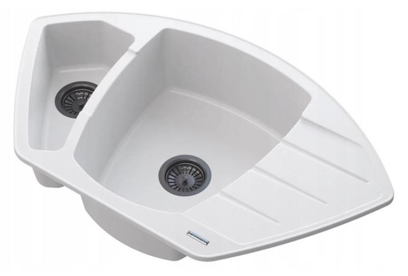 Graniteland Monte Granitový biely rohový drez na povrchovú montáž 901x538mm s nerezovou zátkou 1208971415