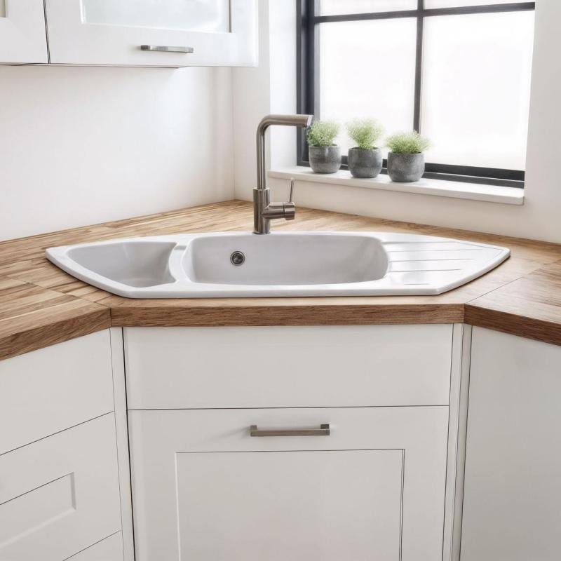 Graniteland Monte Granitový biely rohový drez na povrchovú montáž 901x538mm s nerezovou zátkou 1208971415