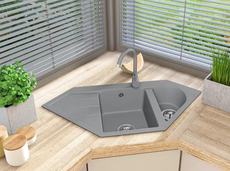 Graniteland Amiata Granitový šedý rohový drez na povrchovú montáž 965x496mm s nerezovou zátkou 1208971419