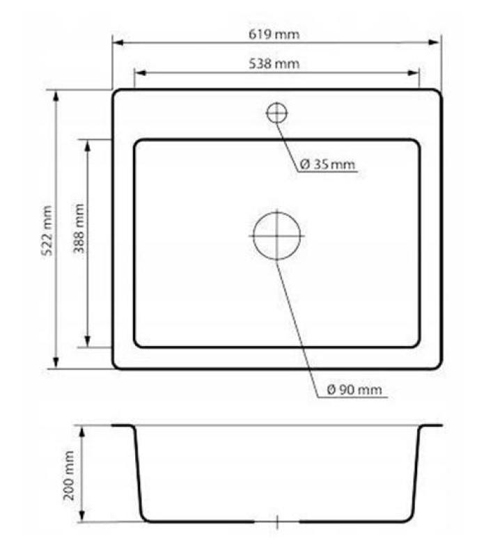 Graniteland Vastone Granitový Drez 619x522 mm Čierny Nadstavba s Otvorom pre Kohútik a Nerezovou Zátkou 1208971443