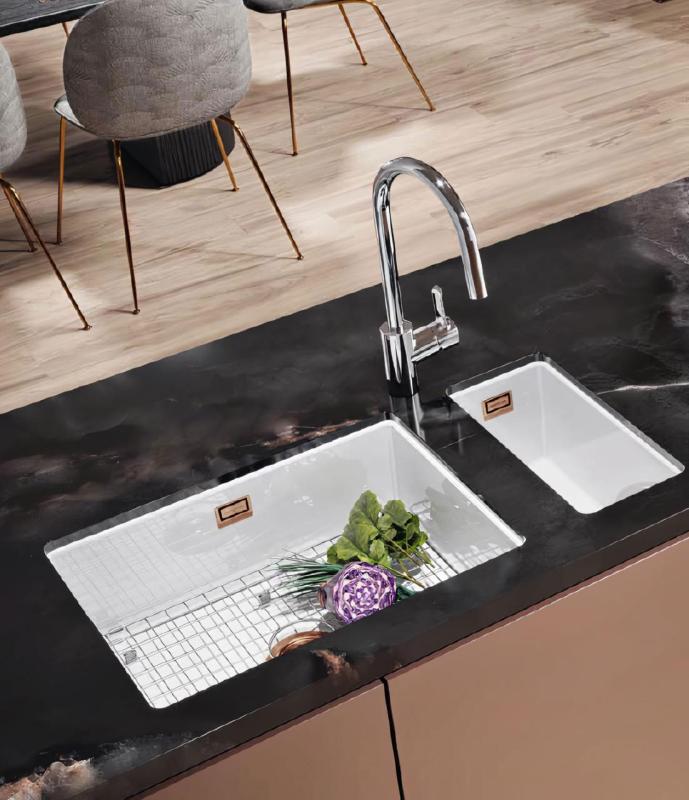 Ausmann Ceramic Ember Keramický Biely polovičný drez na montáž a podmontáž 174 x 400 mm s Medeným zátkou 1208971502