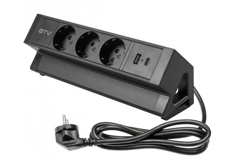 Nábytková zásuvka BASCO, 3xSHUKO, USB A+C, kábel 1,5 m, čierna