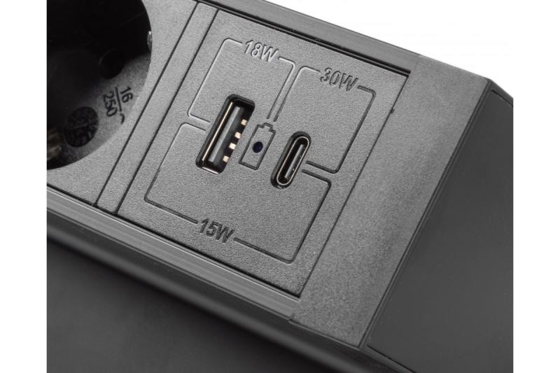 Nábytková zásuvka BASCO, 3xSHUKO, USB A+C, kábel 1,5 m, čierna