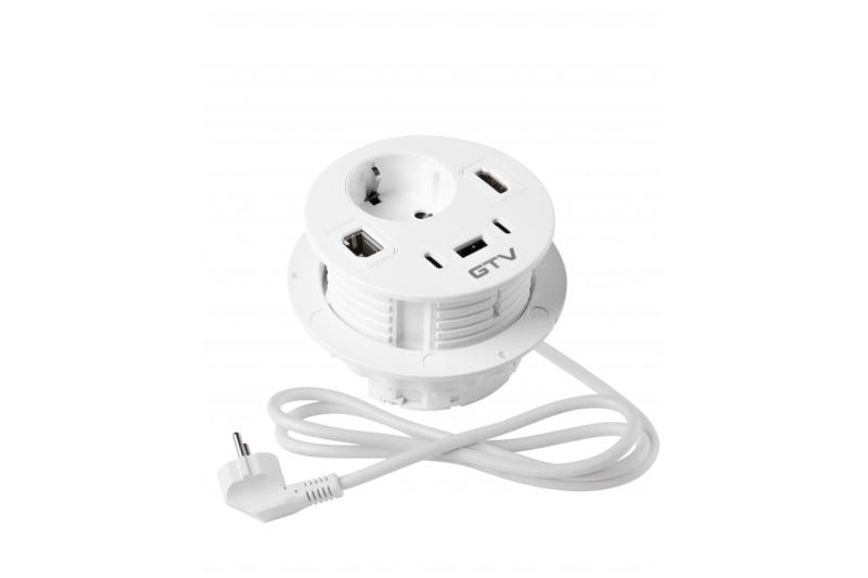 Zásuvka do nábytku RONDO, 1xSHUKO, 1xUSB-A, 2xUSB-C, HDMI, RJ45 kábel 1.5 m, biela