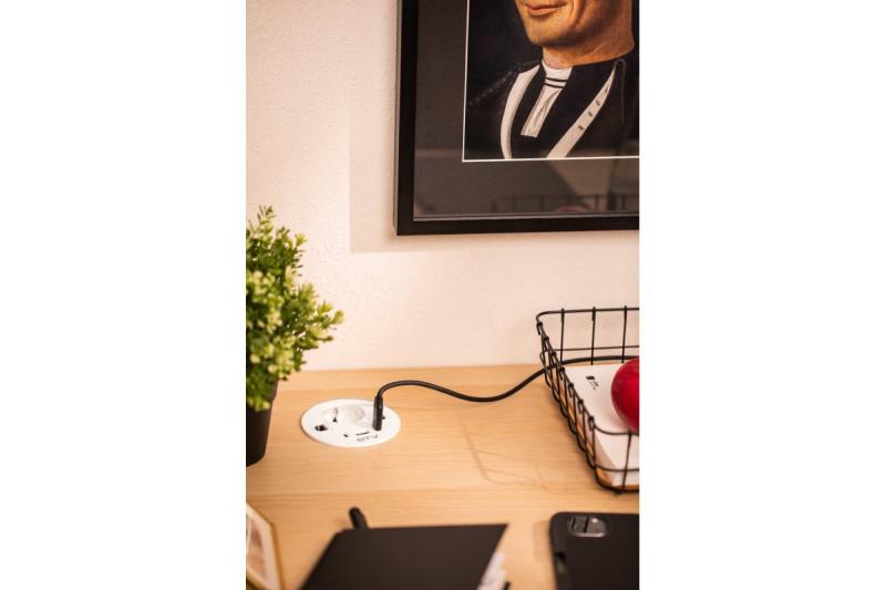 Zásuvka do nábytku RONDO, 1xSHUKO, 1xUSB-A, 2xUSB-C, HDMI, RJ45 kábel 1.5 m, biela