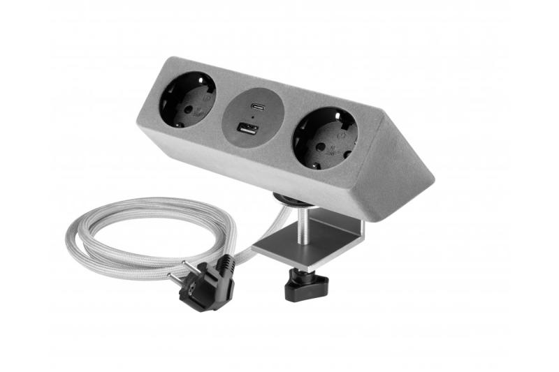 Nábytková zásuvka SOFITO, 2xSHUKO, USB A+C, kábel 1,5 m, sivý flock