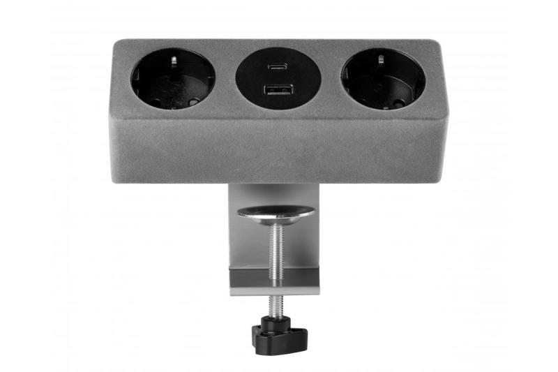 Nábytková zásuvka SOFITO, 2xSHUKO, USB A+C, kábel 1,5 m, sivý flock