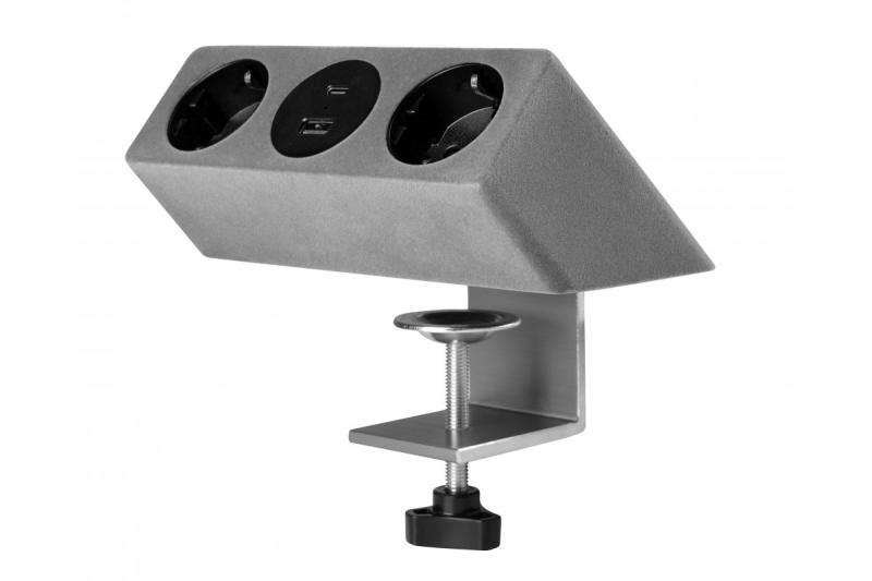 Nábytková zásuvka SOFITO, 2xSHUKO, USB A+C, kábel 1,5 m, sivý flock