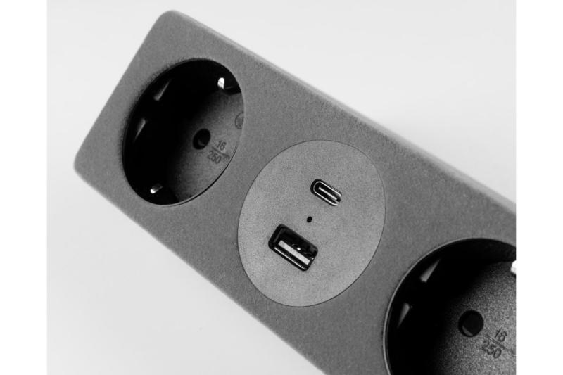 Nábytková zásuvka SOFITO, 2xSHUKO, USB A+C, kábel 1,5 m, sivý flock