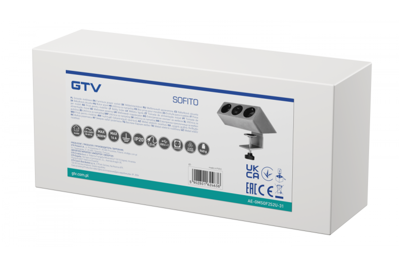 Nábytková zásuvka SOFITO, 2xSHUKO, USB A+C, kábel 1,5 m, sivý flock