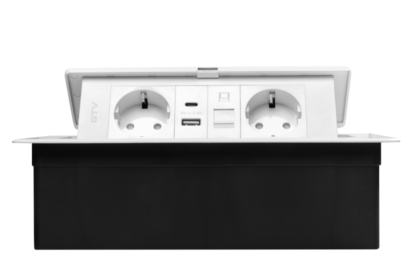 Nábytková zásuvka MULTISOFT, 2xSHUKO, USB A+C, RJ45, kábel 1,5 m, biela