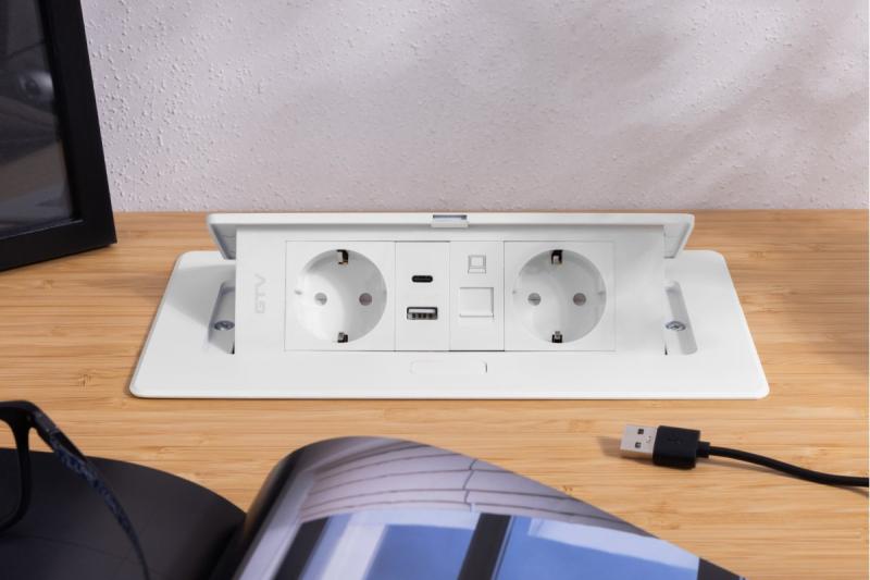 Nábytková zásuvka MULTISOFT, 2xSHUKO, USB A+C, RJ45, kábel 1,5 m, biela