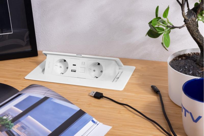 Nábytková zásuvka MULTISOFT, 2xSHUKO, USB A+C, RJ45, kábel 1,5 m, biela