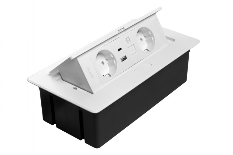 Nábytková zásuvka MULTISOFT, 2xSHUKO, USB A+C, RJ45, kábel 1,5 m, biela