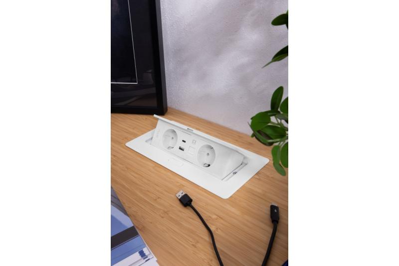 Nábytková zásuvka MULTISOFT, 2xSHUKO, USB A+C, RJ45, kábel 1,5 m, biela