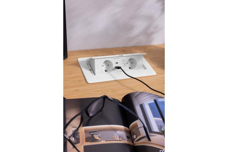 Nábytková zásuvka MULTISOFT, 2xSHUKO, USB A+C, RJ45, kábel 1,5 m, biela