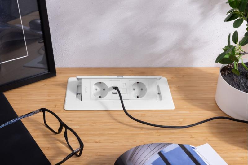 Nábytková zásuvka MULTISOFT, 2xSHUKO, USB A+C, RJ45, kábel 1,5 m, biela