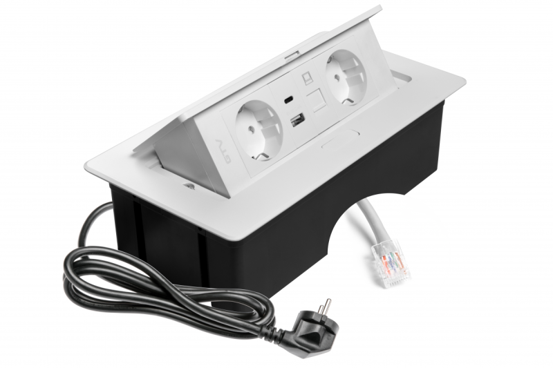 Nábytková zásuvka MULTISOFT, 2xSHUKO, USB A+C, RJ45, kábel 1,5 m, biela