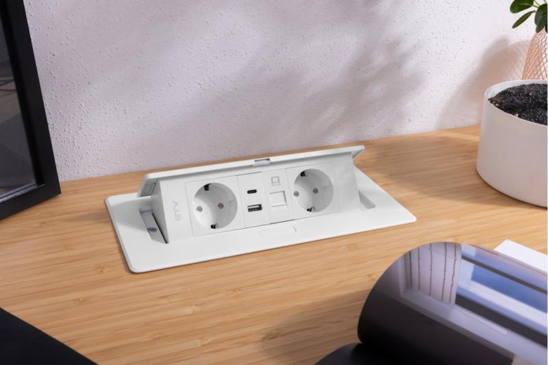 Nábytková zásuvka MULTISOFT, 2xSHUKO, USB A+C, RJ45, kábel 1,5 m, biela