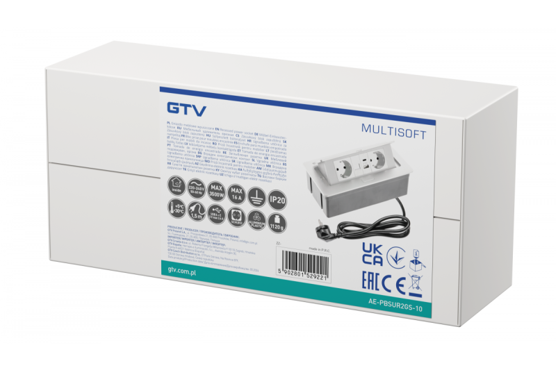 Nábytková zásuvka MULTISOFT, 2xSHUKO, USB A+C, RJ45, kábel 1,5 m, biela