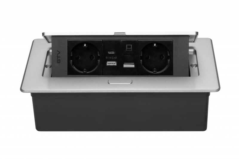 Nábytková zásuvka MULTISOFT, 2xSHUKO, USB A+C, RJ45, kábel 1.5 m, hliník