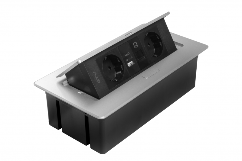 Nábytková zásuvka MULTISOFT, 2xSHUKO, USB A+C, RJ45, kábel 1.5 m, hliník