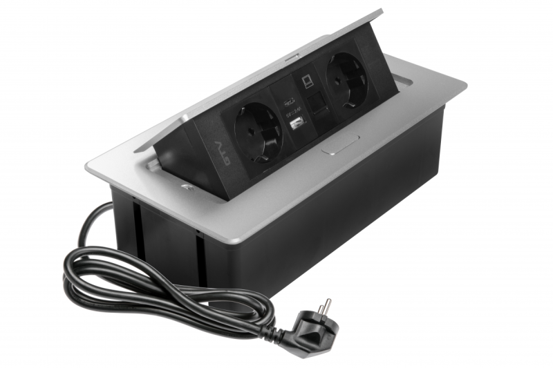 Nábytková zásuvka MULTISOFT, 2xSHUKO, USB A+C, RJ45, kábel 1.5 m, hliník