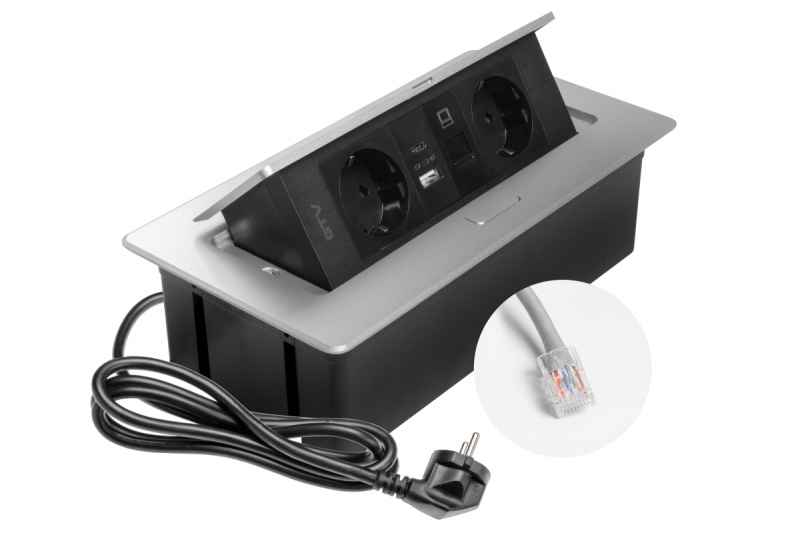 Nábytková zásuvka MULTISOFT, 2xSHUKO, USB A+C, RJ45, kábel 1.5 m, hliník