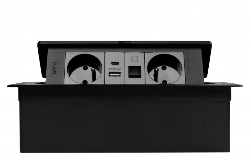 MULTISOFT Nábytková zásuvka 2x zásuvka s uzemnením, USB A+C, RJ45, napájací kábel so zástrčkou, čierna