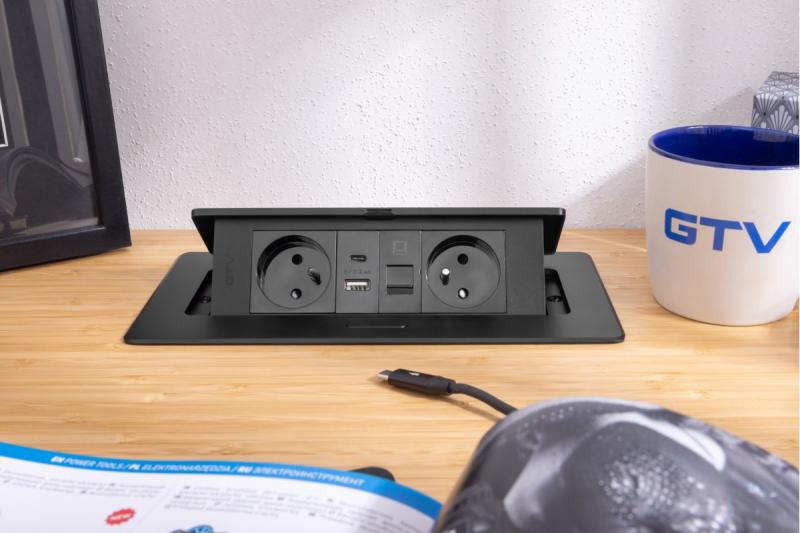 MULTISOFT Nábytková zásuvka 2x zásuvka s uzemnením, USB A+C, RJ45, napájací kábel so zástrčkou, čierna