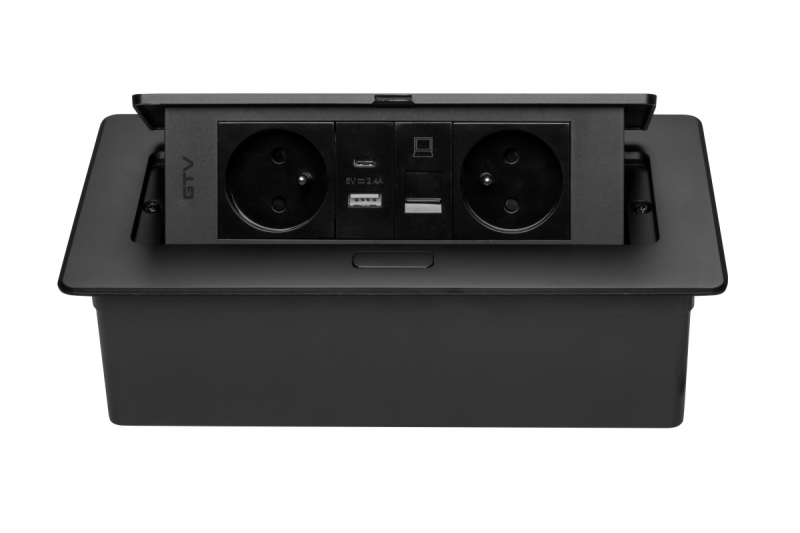 MULTISOFT Nábytková zásuvka 2x zásuvka s uzemnením, USB A+C, RJ45, napájací kábel so zástrčkou, čierna