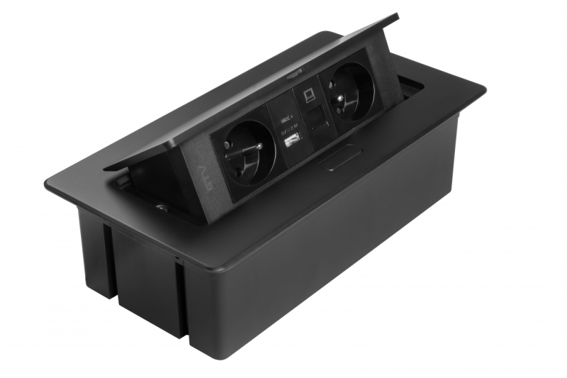 MULTISOFT Nábytková zásuvka 2x zásuvka s uzemnením, USB A+C, RJ45, napájací kábel so zástrčkou, čierna