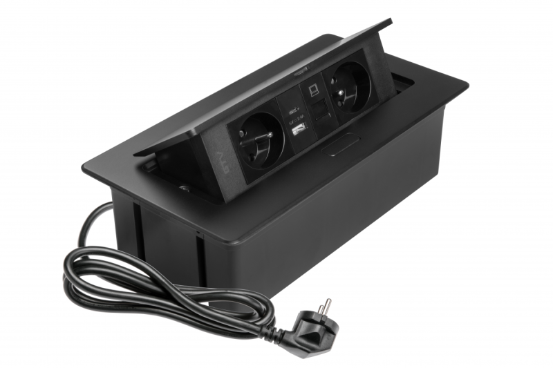 MULTISOFT Nábytková zásuvka 2x zásuvka s uzemnením, USB A+C, RJ45, napájací kábel so zástrčkou, čierna