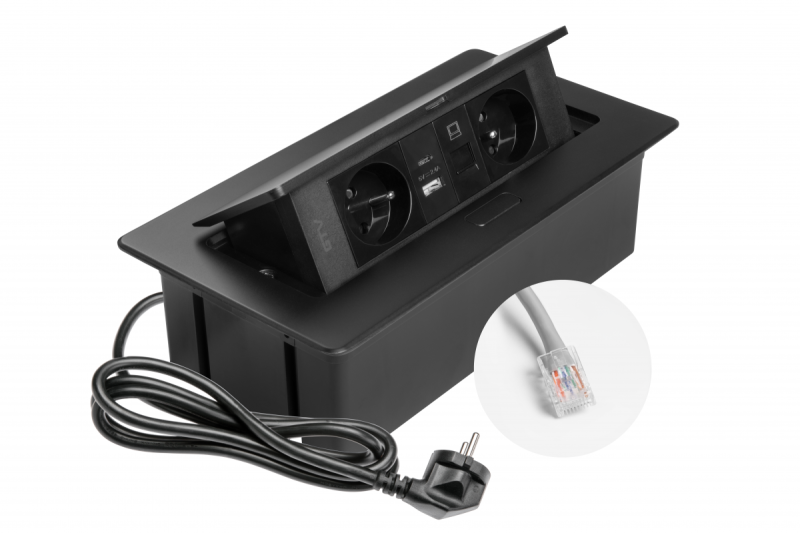 MULTISOFT Nábytková zásuvka 2x zásuvka s uzemnením, USB A+C, RJ45, napájací kábel so zástrčkou, čierna