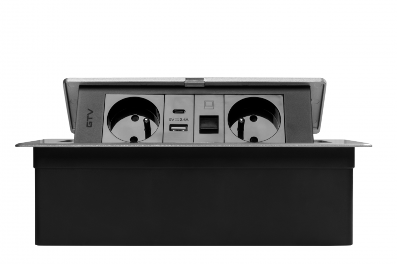 MULTISOFT Nábytková zásuvka 2x zásuvka s uzemnením, USB A+C, RJ45, napájací kábel so zástrčkou, hliník