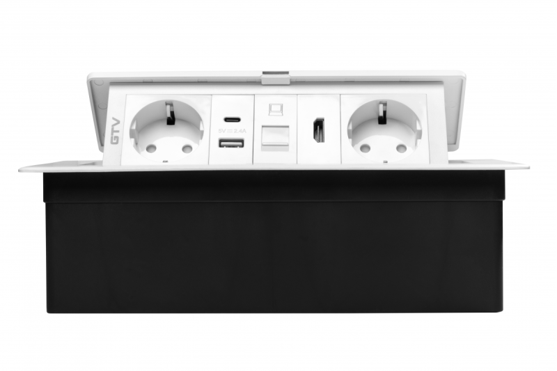 Nábytková zásuvka MULTISOFT, 2xSHUKO, USB A+C, RJ45, HDMI, kábel 1.5 m, biela