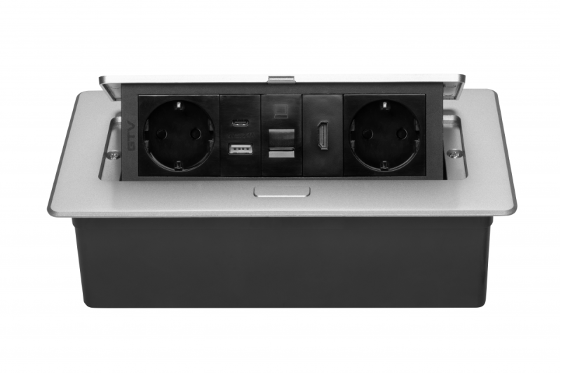 Nábytková zásuvka MULTISOFT, 2xSHUKO, USB A+C, RJ45, HDMI kábel 1,5 m, hliník