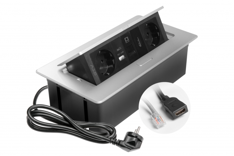Nábytková zásuvka MULTISOFT, 2xSHUKO, USB A+C, RJ45, HDMI kábel 1,5 m, hliník
