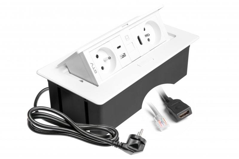 MULTISOFT nábytková zásuvka 2x Zásuvka s uzemnením, USB A+C, RJ45, HDMI, napájací kábel so zástrčkou, biela