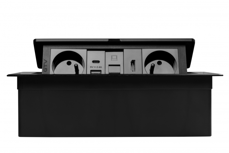 MULTISOFT nábytková zásuvka 2x Zásuvka s uzemnením, USB A+C, RJ45, HDMI, Napájací kábel s konektorom, Čierna