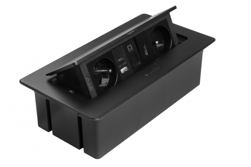 MULTISOFT nábytková zásuvka 2x Zásuvka s uzemnením, USB A+C, RJ45, HDMI, Napájací kábel s konektorom, Čierna