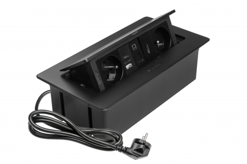 MULTISOFT nábytková zásuvka 2x Zásuvka s uzemnením, USB A+C, RJ45, HDMI, Napájací kábel s konektorom, Čierna