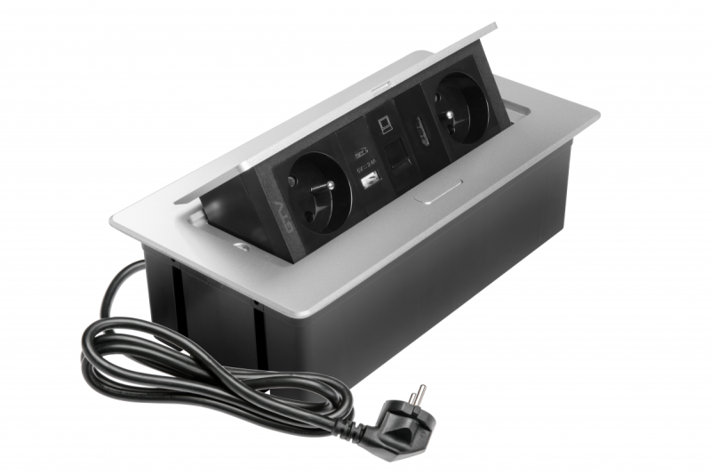 MULTISOFT nábytková zásuvka 2x zásuvka s uzemnením, USB A+C, RJ45, HDMI, napájací kábel s vidlicou, hliník