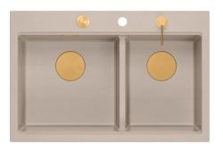Quadri Hard Rock Dvojitý Beige Granitový Nadstavbový Drez 76x50 cm s Medeným Zátkom a Príslušenstvom 1208971726