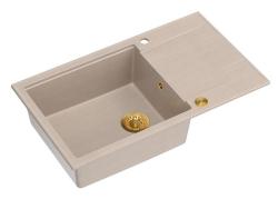 Quadri Luton pearl beige granitový veľký nadstavbový drez s odkvapkávačom, reverzibilný 86x50cm so zlatým zátkou 1208971774